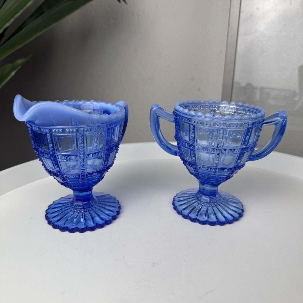 Vintage Deco Imperial Glass Beaded Block Blue Opalescent Cream & Sugar Set c1930